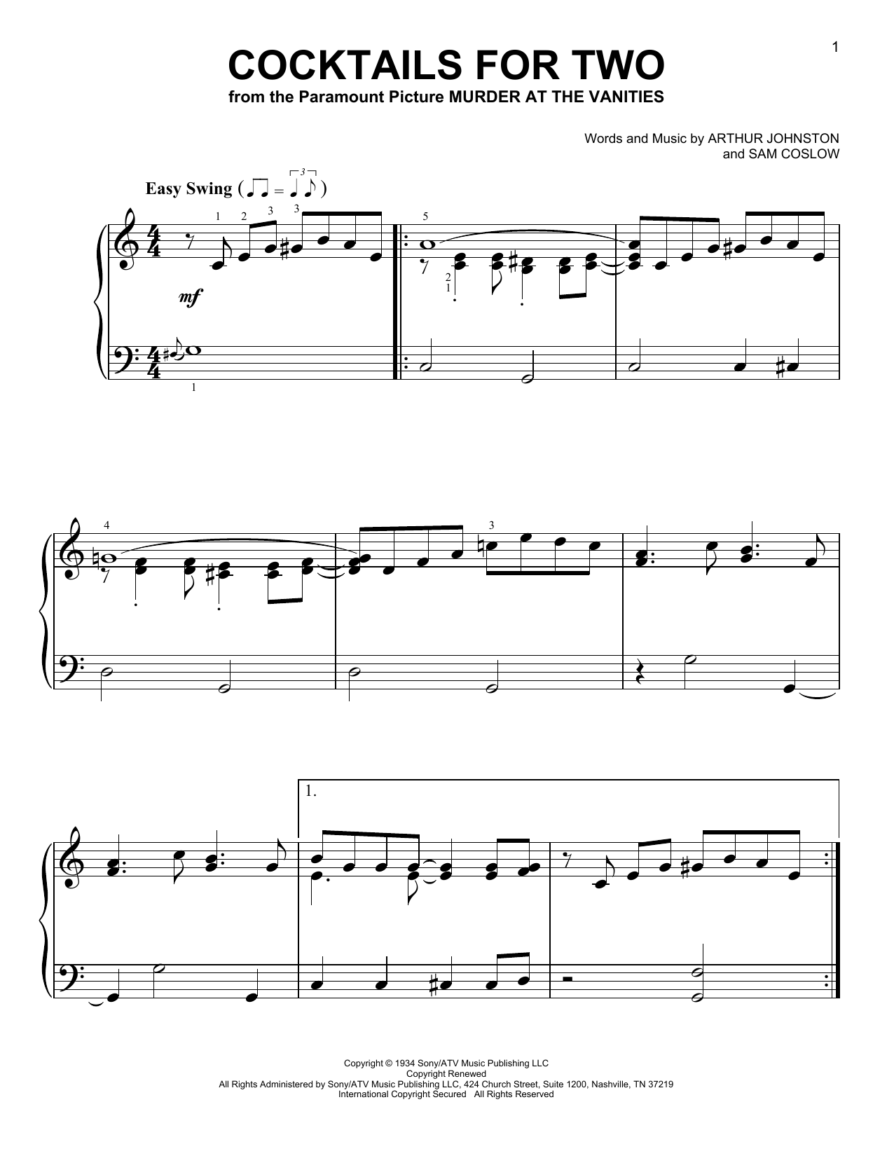 Learn to play Sam Coslow Cocktails For Two sheet music for Easy Piano in minutes. Price: 6.9900$ Sam Coslow Cocktails For Two sheet music notes and chords arranged for Easy Piano