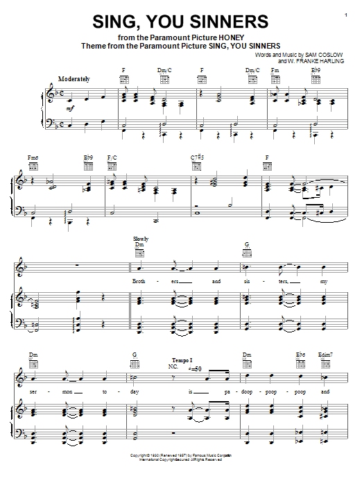 Sam Coslow Sing, You Sinners sheet music notes and chords. Download Printable PDF.