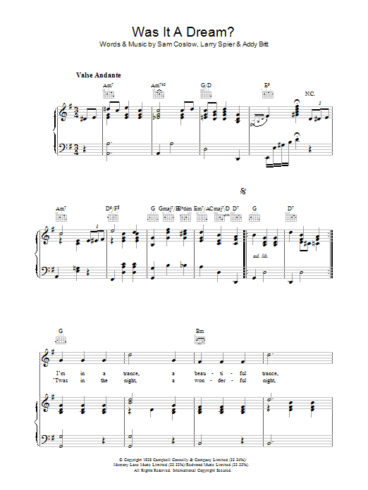 Learn to play Sam Coslow Was It A Dream sheet music for Piano, Vocal & Guitar (Right-Hand Melody) in minutes. Sam Coslow Was It A Dream sheet music notes and chords. Download Printable PDF.
