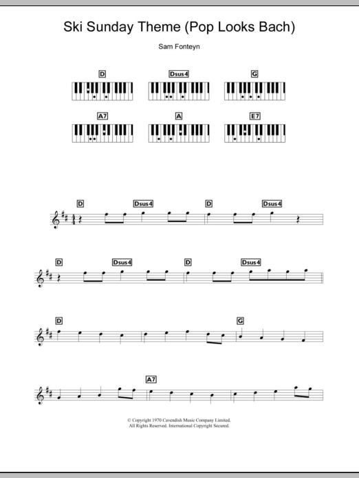 Learn to play Sam Fonteyn Ski Sunday Theme (Pop Looks Bach) sheet music for Piano Chords/Lyrics in minutes. Price: 3.9900$ Sam Fonteyn Ski Sunday Theme (Pop Looks Bach) sheet music notes and chords arranged for Piano Chords/Lyrics
