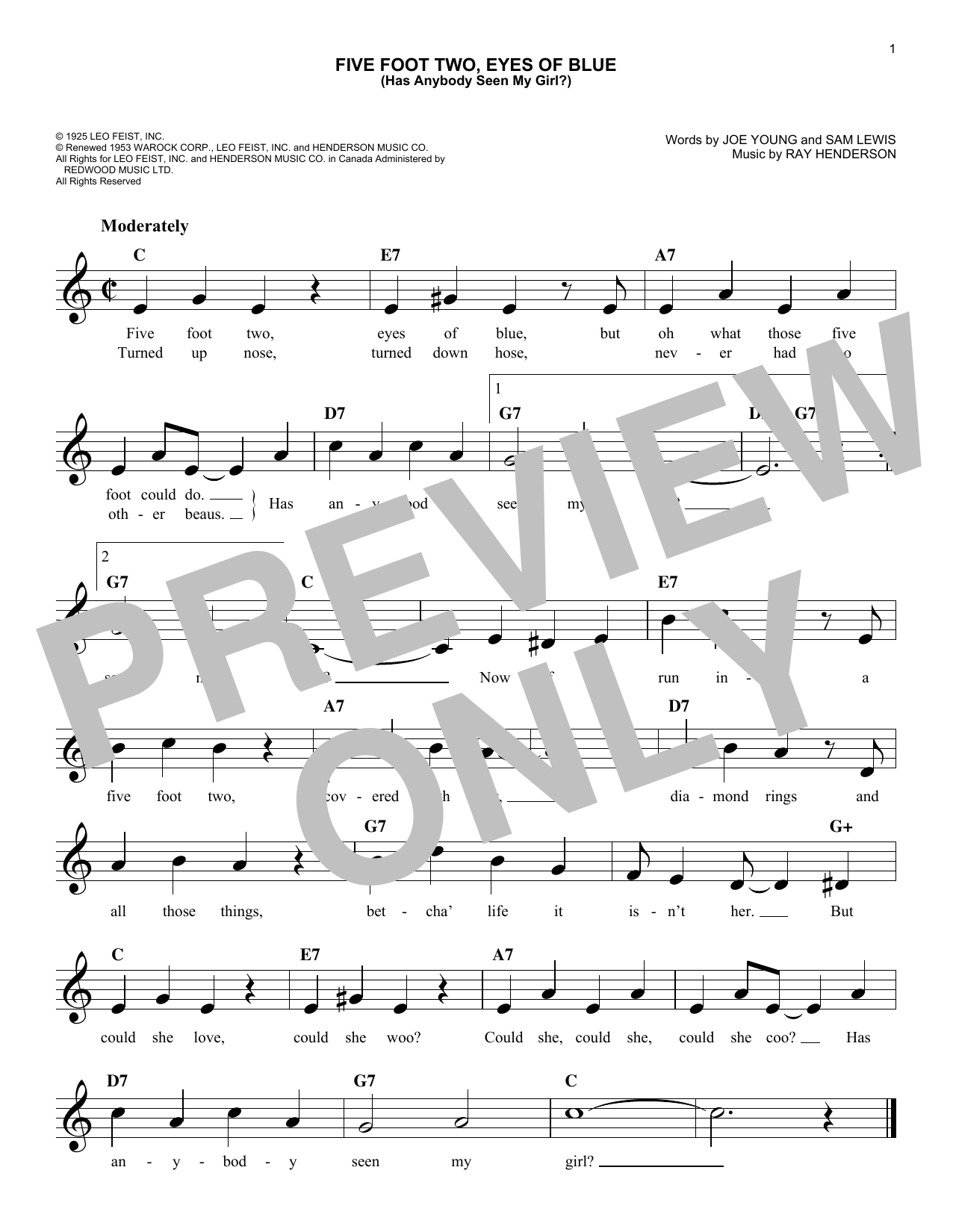 Learn to play Sam Lewis Five Foot Two, Eyes Of Blue (Has Anybody Seen My Girl?) sheet music for Lead Sheet / Fake Book in minutes. Sam Lewis Five Foot Two, Eyes Of Blue (Has Anybody Seen My Girl?) sheet music notes and chords. Download Printable PDF.