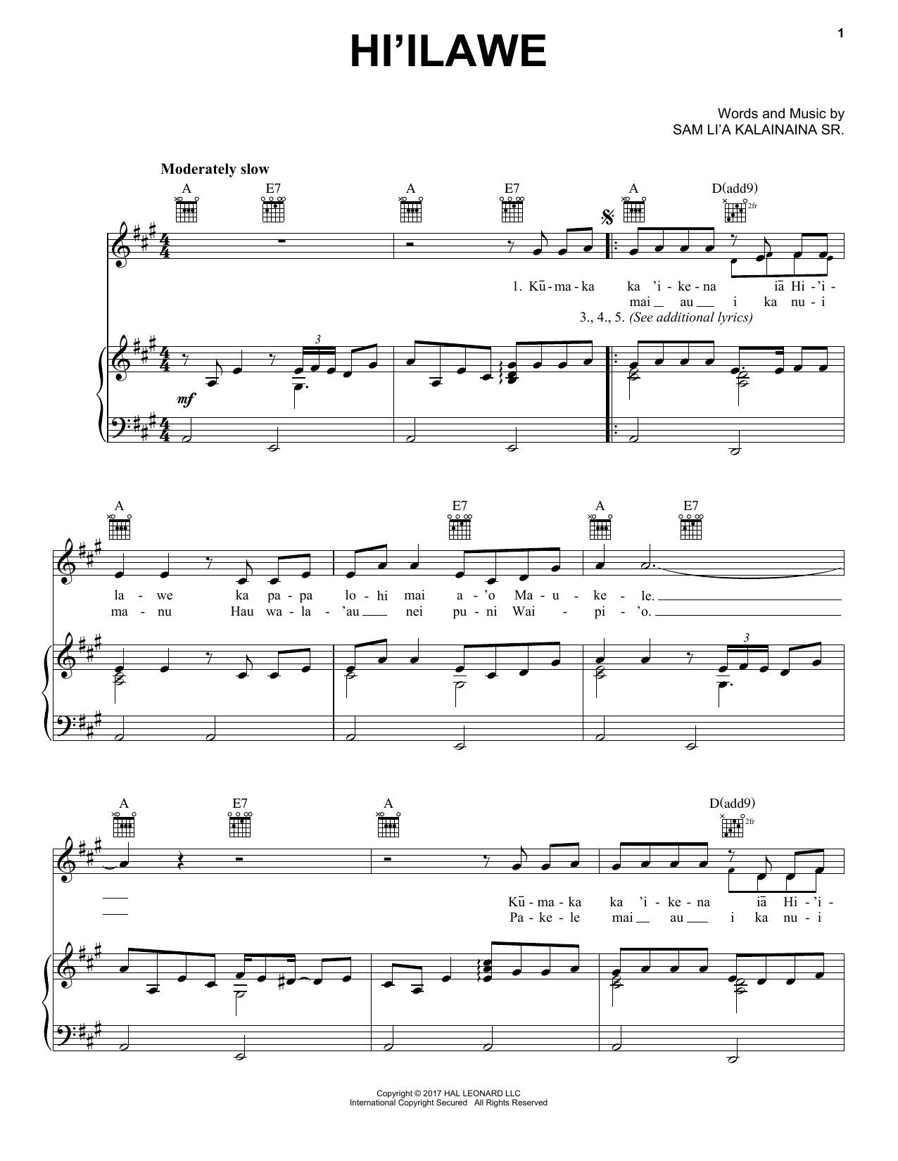 Gabby Pahinui Hi'ilawe sheet music notes and chords arranged for Piano, Vocal & Guitar Chords (Right-Hand Melody)