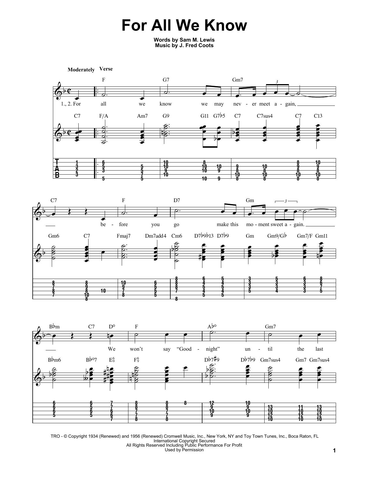 Sam M. Lewis For All We Know sheet music notes and chords. Download Printable PDF.
