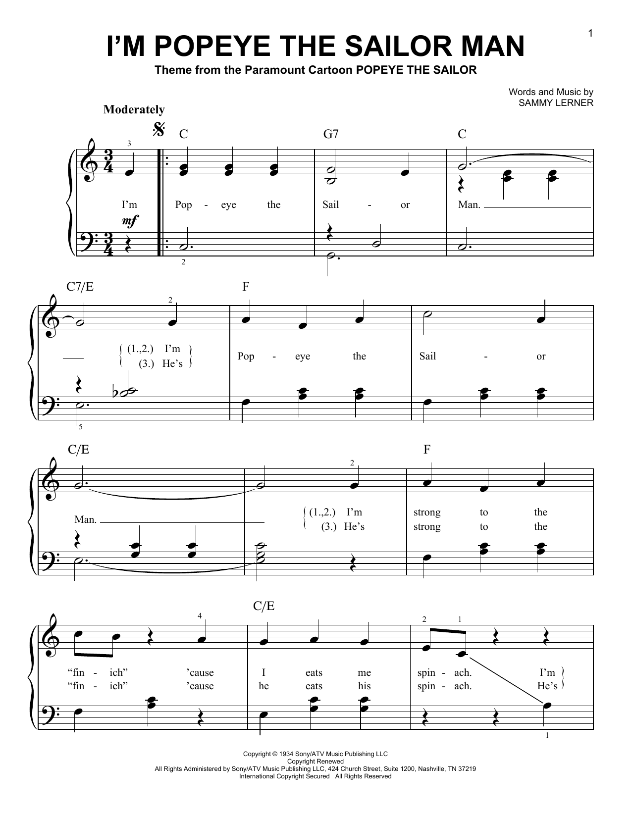 Sammy Lerner I'm Popeye The Sailor Man sheet music notes and chords. Download Printable PDF.