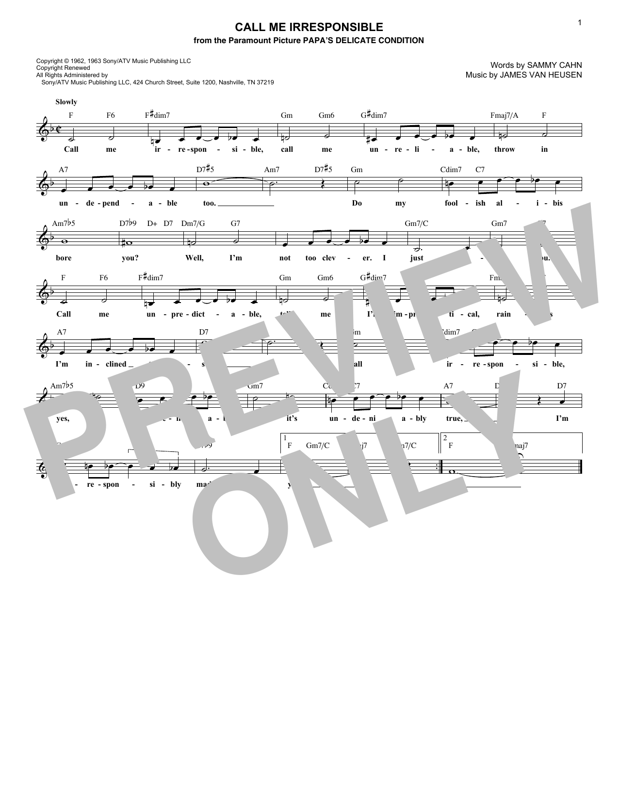 Sammy Cahn Call Me Irresponsible sheet music notes and chords. Download Printable PDF.