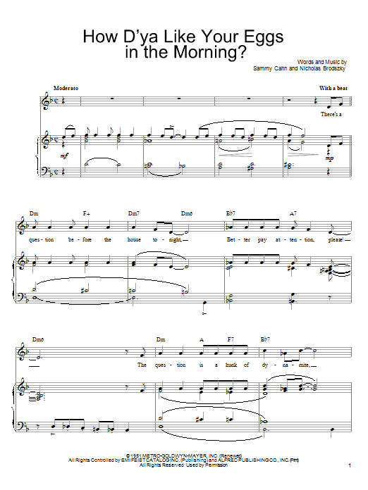 Learn to play Sammy Cahn How D'ya Like Your Eggs In The Morning? sheet music for Easy Piano in minutes. Price: 6.9900$ Sammy Cahn How D'ya Like Your Eggs In The Morning? sheet music notes and chords arranged for Easy Piano