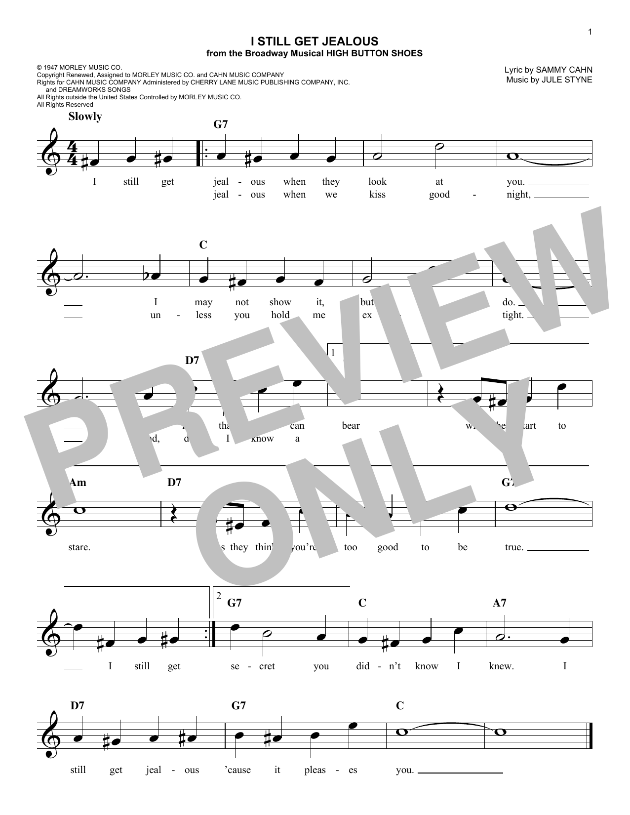 Learn to play Sammy Cahn I Still Get Jealous sheet music for Lead Sheet / Fake Book in minutes. Sammy Cahn I Still Get Jealous sheet music notes and chords. Download Printable PDF.