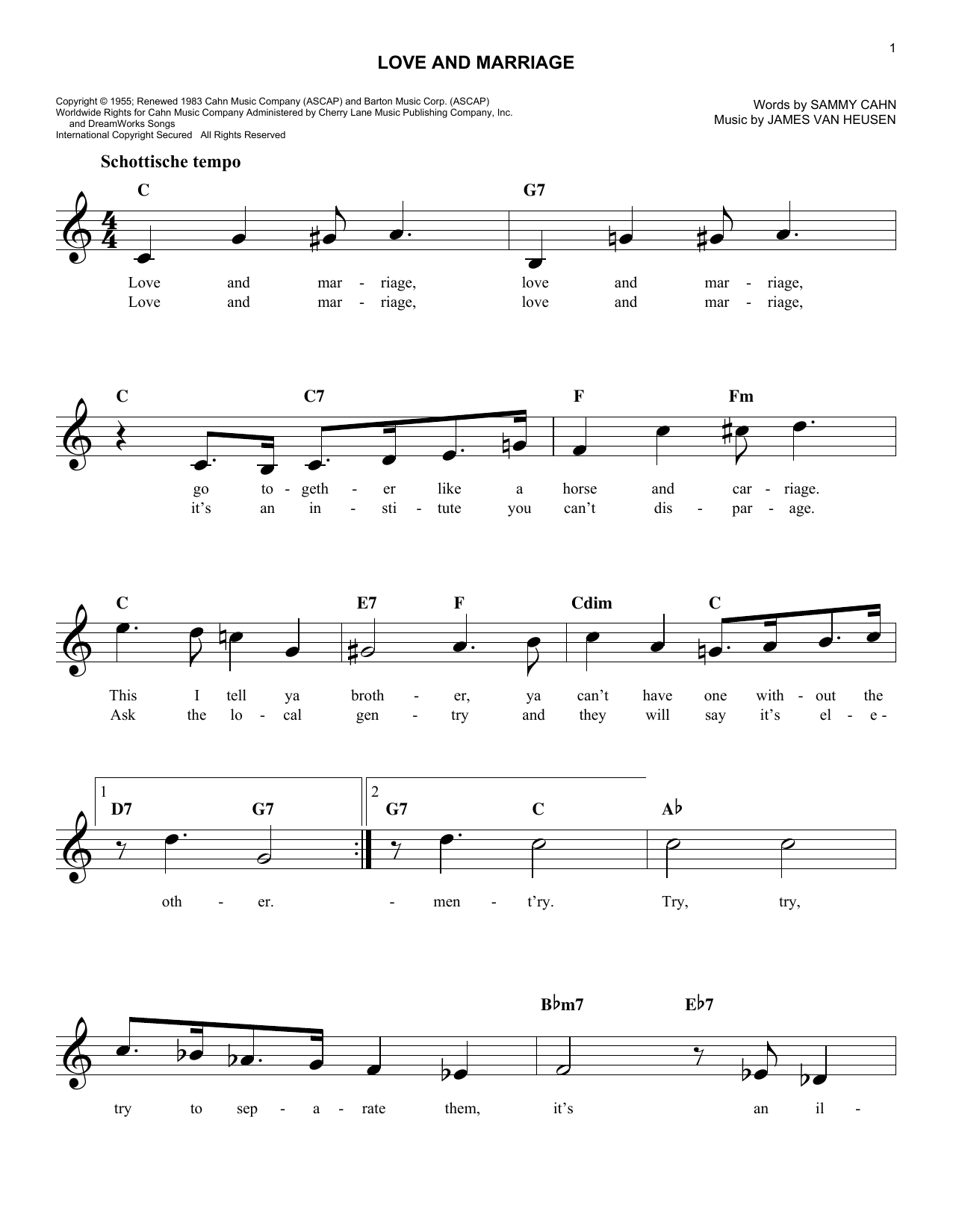 Learn to play Sammy Cahn Love And Marriage sheet music for Easy Lead Sheet / Fake Book in minutes. Price: 5.9900$ Sammy Cahn Love And Marriage sheet music notes and chords arranged for Easy Lead Sheet / Fake Book