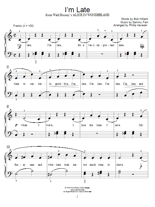 Learn to play Sammy Fain I'm Late sheet music for Educational Piano in minutes. Price: 6.9900$ Sammy Fain I'm Late sheet music notes and chords arranged for Educational Piano