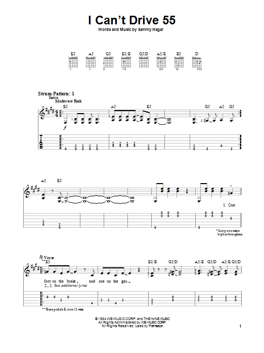 Learn to play Sammy Hagar I Can't Drive 55 sheet music for Guitar Tab in minutes. Sammy Hagar I Can't Drive 55 sheet music notes and chords. Download Printable PDF.