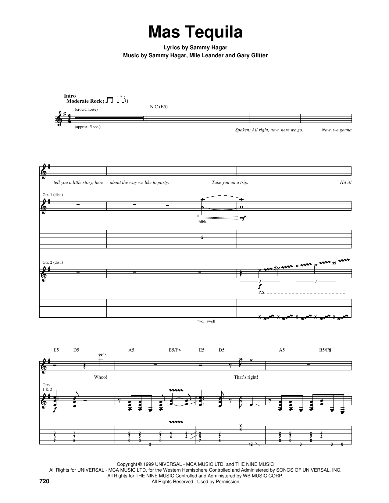 Sammy Hagar Mas Tequila sheet music notes and chords. Download Printable PDF.