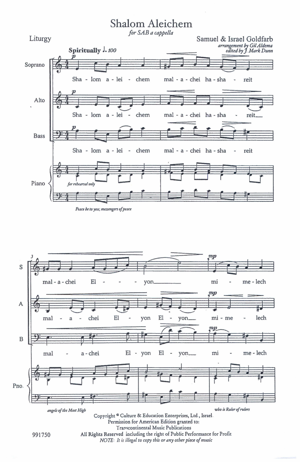 Learn to play Samuel & Israel Goldfarb Shalom Aleichem (arr. Gil Aldema) sheet music for SAB Choir in minutes. Price: 3.9900$ Samuel & Israel Goldfarb Shalom Aleichem (arr. Gil Aldema) sheet music notes and chords arranged for SAB Choir