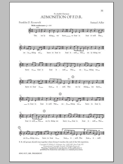 Samuel Adler Admonition Of FDR sheet music notes and chords. Download Printable PDF.