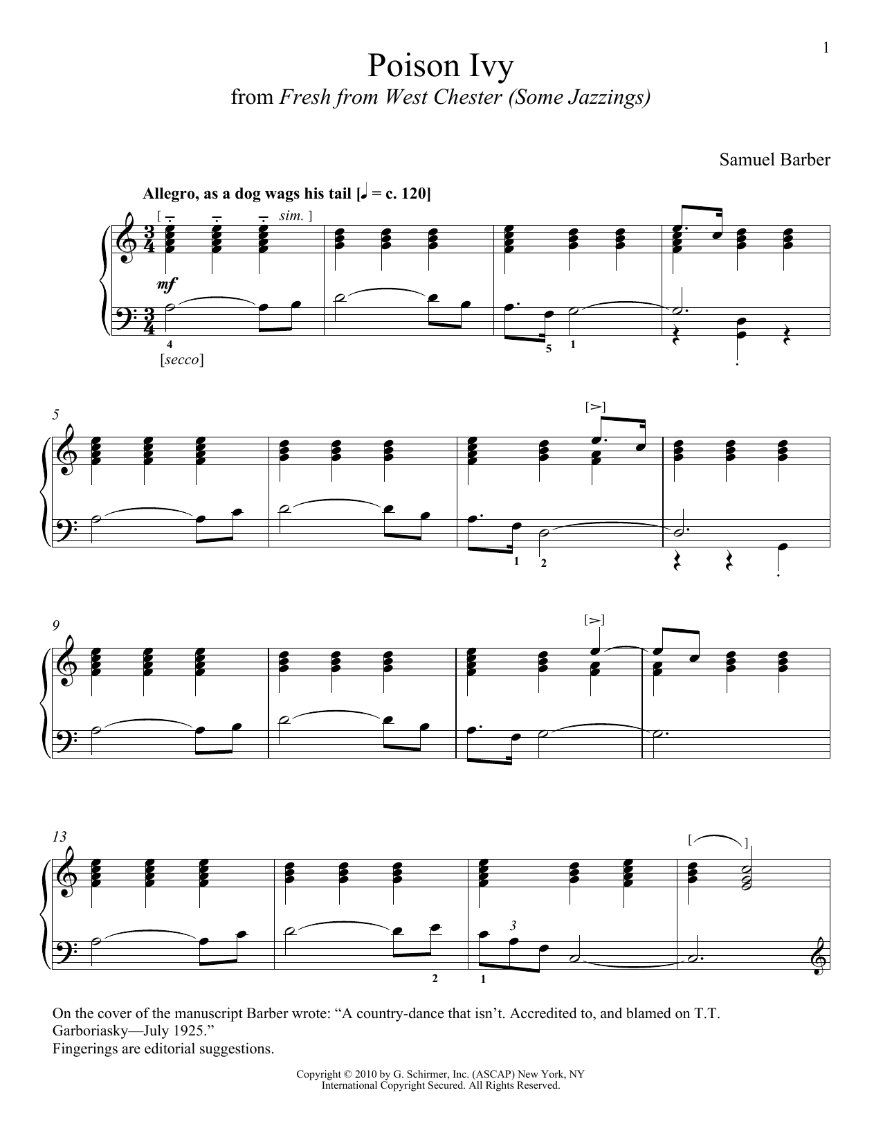 Learn to play Samuel Barber Poison Ivy sheet music for Piano Solo in minutes. Samuel Barber Poison Ivy sheet music notes and chords. Download Printable PDF.