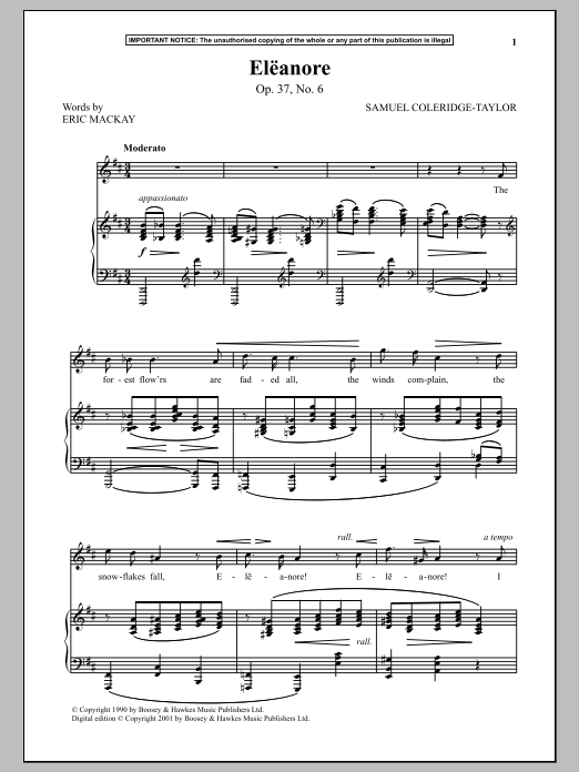 Learn to play Samuel Coleridge-Taylor Eleanore, Op. 37, No. 6 sheet music for Piano & Vocal in minutes. Price: 6.9900$ Samuel Coleridge-Taylor Eleanore, Op. 37, No. 6 sheet music notes and chords arranged for Piano & Vocal