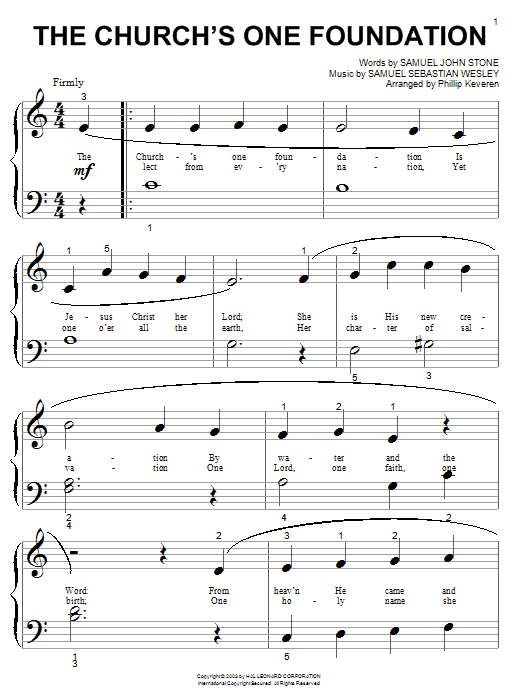 Samuel John Stone The Church's One Foundation sheet music notes and chords arranged for Beginning Piano Solo