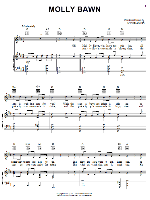 Samuel Lover Molly Bawn sheet music notes and chords. Download Printable PDF.