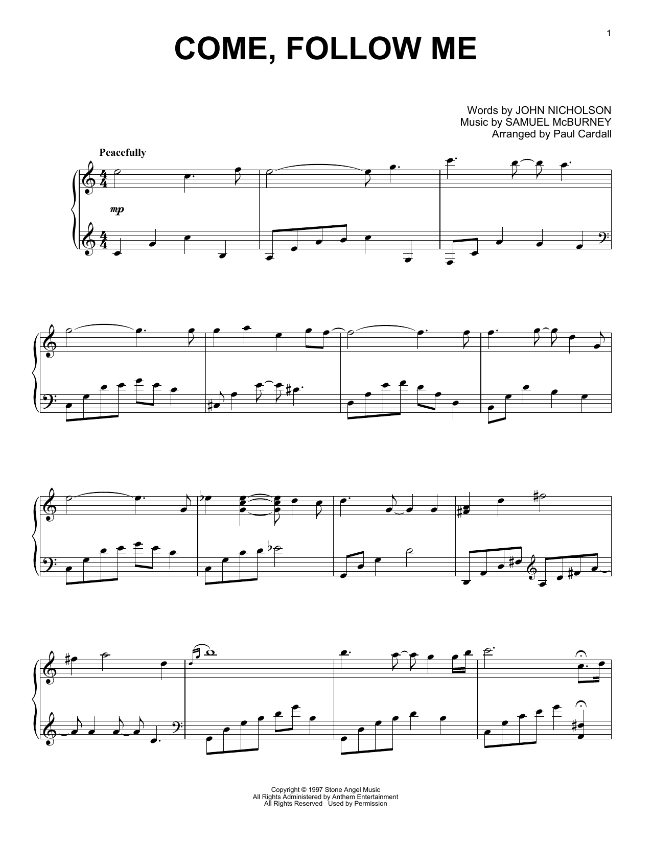 Learn to play Samuel McBurney Come, Follow Me (arr. Paul Cardall) sheet music for Piano Solo in minutes. Samuel McBurney Come, Follow Me (arr. Paul Cardall) sheet music notes and chords. Download Printable PDF.