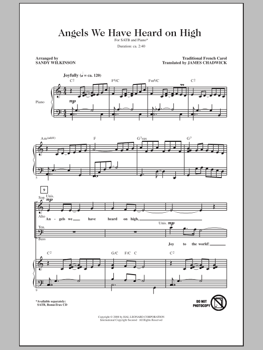 Learn to play Sandy Wilkinson Angels We Have Heard On High sheet music for SATB Choir in minutes. Price: 3.9900$ Sandy Wilkinson Angels We Have Heard On High sheet music notes and chords arranged for SATB Choir