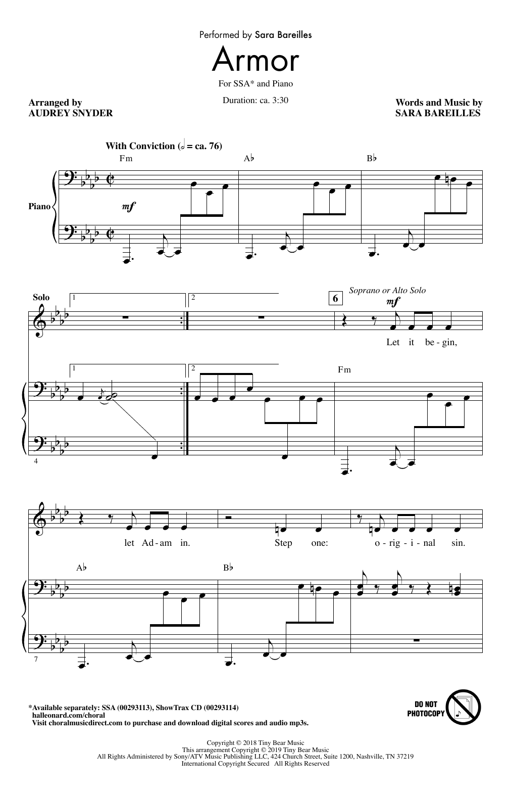 Learn to play Sara Bareilles Armor (arr. Audrey Snyder) sheet music for SSA Choir in minutes. Price: 3.9900$ Sara Bareilles Armor (arr. Audrey Snyder) sheet music notes and chords arranged for SSA Choir