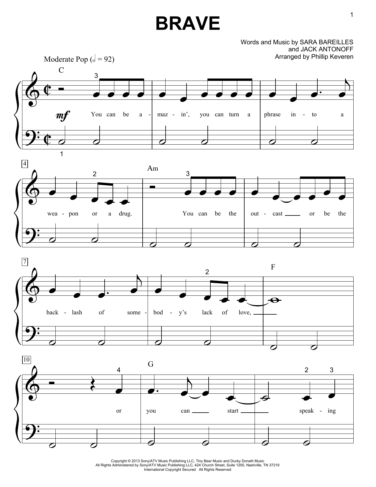 Learn to play Sara Bareilles Brave sheet music for Big Note Piano in minutes. Price: 6.9900$ Sara Bareilles Brave sheet music notes and chords arranged for Big Note Piano