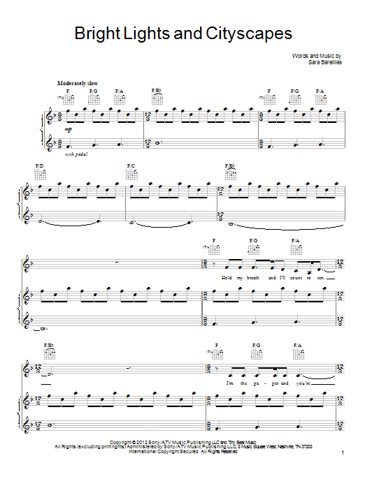 Resultat bekvemmelighed svulst Sara Bareilles "Bright Lights And Cityscapes" Sheet Music PDF Notes, Chords  | Pop Score Piano, Vocal & Guitar (Right-Hand Melody) Download Printable.  SKU: 91882