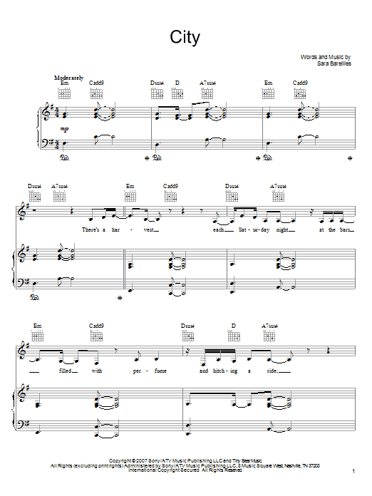 Learn to play Sara Bareilles City sheet music for Easy Piano in minutes. Price: 6.9900$ Sara Bareilles City sheet music notes and chords arranged for Easy Piano