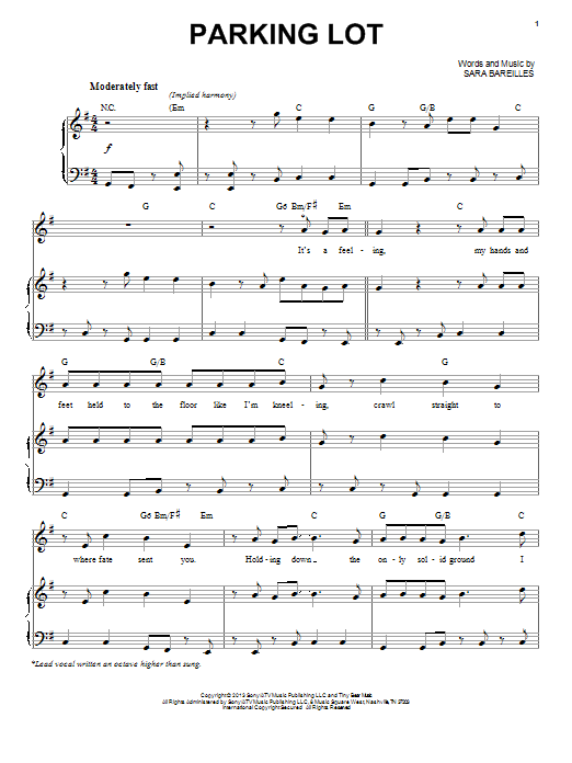 Learn to play Sara Bareilles Parking Lot sheet music for Piano, Vocal & Guitar (Right-Hand Melody) in minutes. Sara Bareilles Parking Lot sheet music notes and chords. Download Printable PDF.