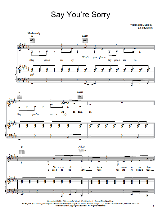 Sara Bareilles Say You Re Sorry Sheet Music Pdf Notes Chords