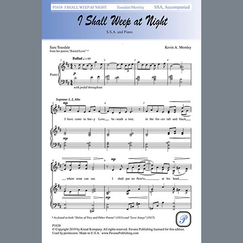 Sara Teasdale and Kevin A. Memley Download Printable PDF Score Easily Download Sara Teasdale and Kevin A. Memley Printable PDF piano music notes, guitar tabs for SSA Choir. Transpose or transcribe this score in no time - Learn how to play song progression.