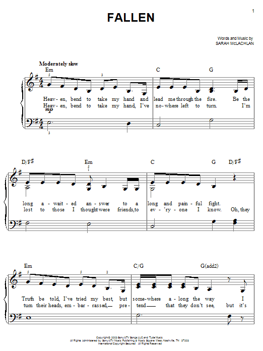 Sarah McLachlan Fallen sheet music notes and chords. Download Printable PDF.