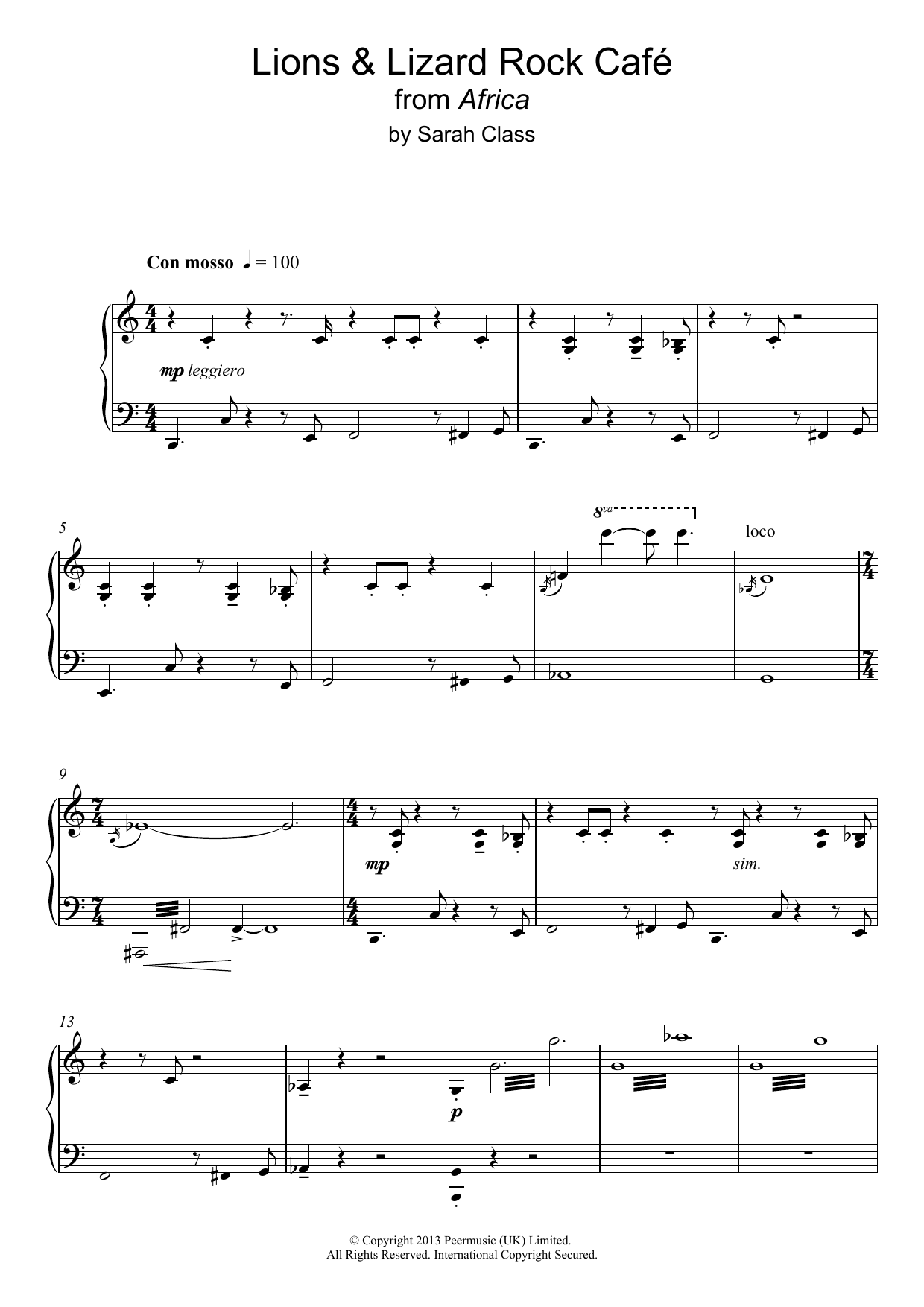 Learn to play Sarah Class Lions & Lizards Rock Café (from 'Africa') sheet music for Piano Solo in minutes. Sarah Class Lions & Lizards Rock Café (from 'Africa') sheet music notes and chords. Download Printable PDF.