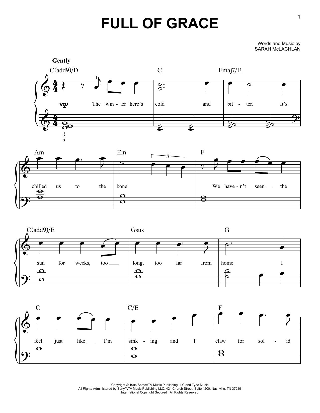 Sarah McLachlan Full Of Grace sheet music notes and chords. Download Printable PDF.