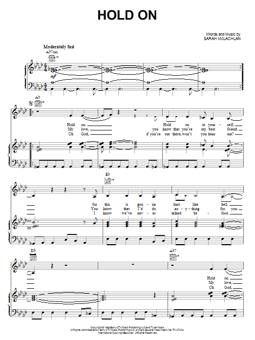 Sarah McLachlan Hold On sheet music notes and chords. Download Printable PDF.