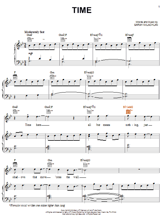 Sarah McLachlan Time sheet music notes and chords. Download Printable PDF.