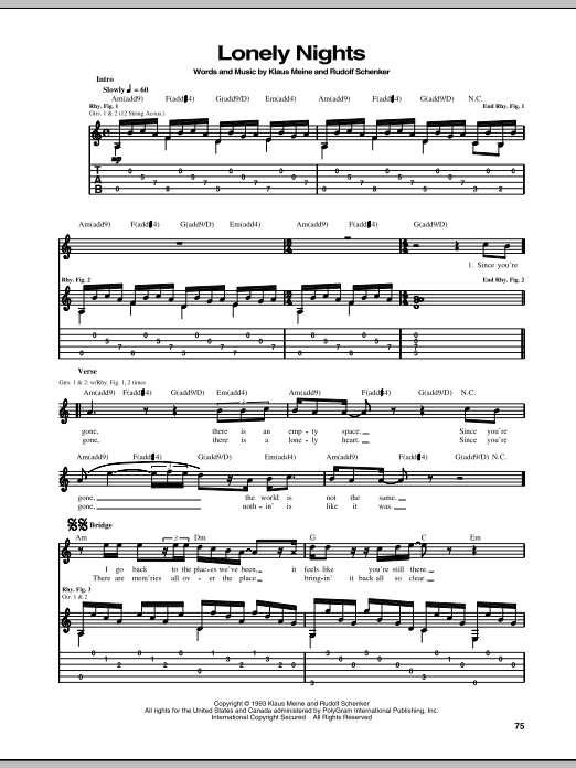 Learn to play Scorpions Lonely Nights sheet music for Guitar Tab in minutes. Price: 6.9900$ Scorpions Lonely Nights sheet music notes and chords arranged for Guitar Tab