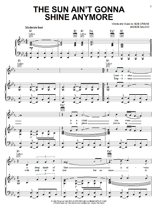 Scott Walker The Sun Ain't Gonna Shine Anymore sheet music notes and chords. Download Printable PDF.