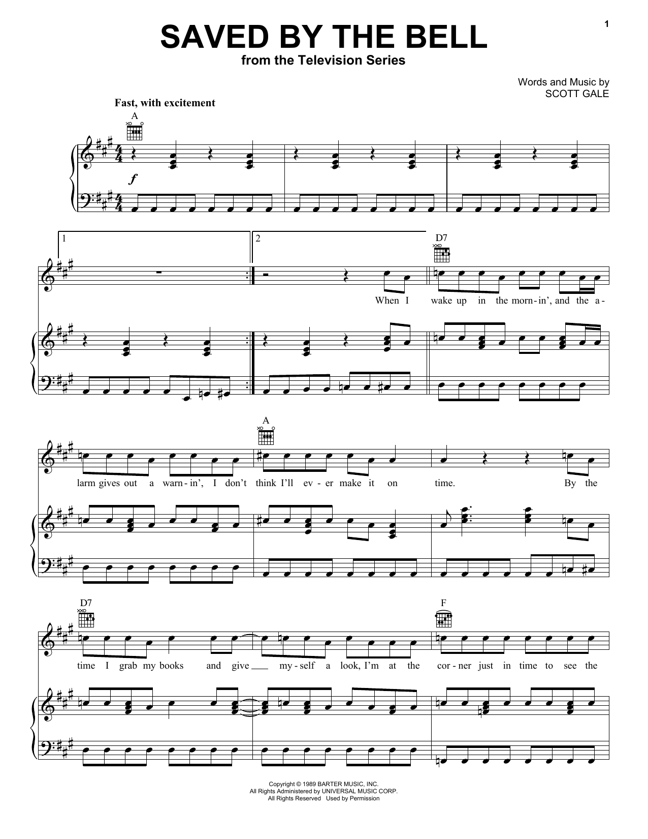 Learn to play Scott Gale Saved By The Bell sheet music for Piano, Vocal & Guitar Chords (Right-Hand Melody) in minutes. Price: 7.8900$ Scott Gale Saved By The Bell sheet music notes and chords arranged for Piano, Vocal & Guitar Chords (Right-Hand Melody)
