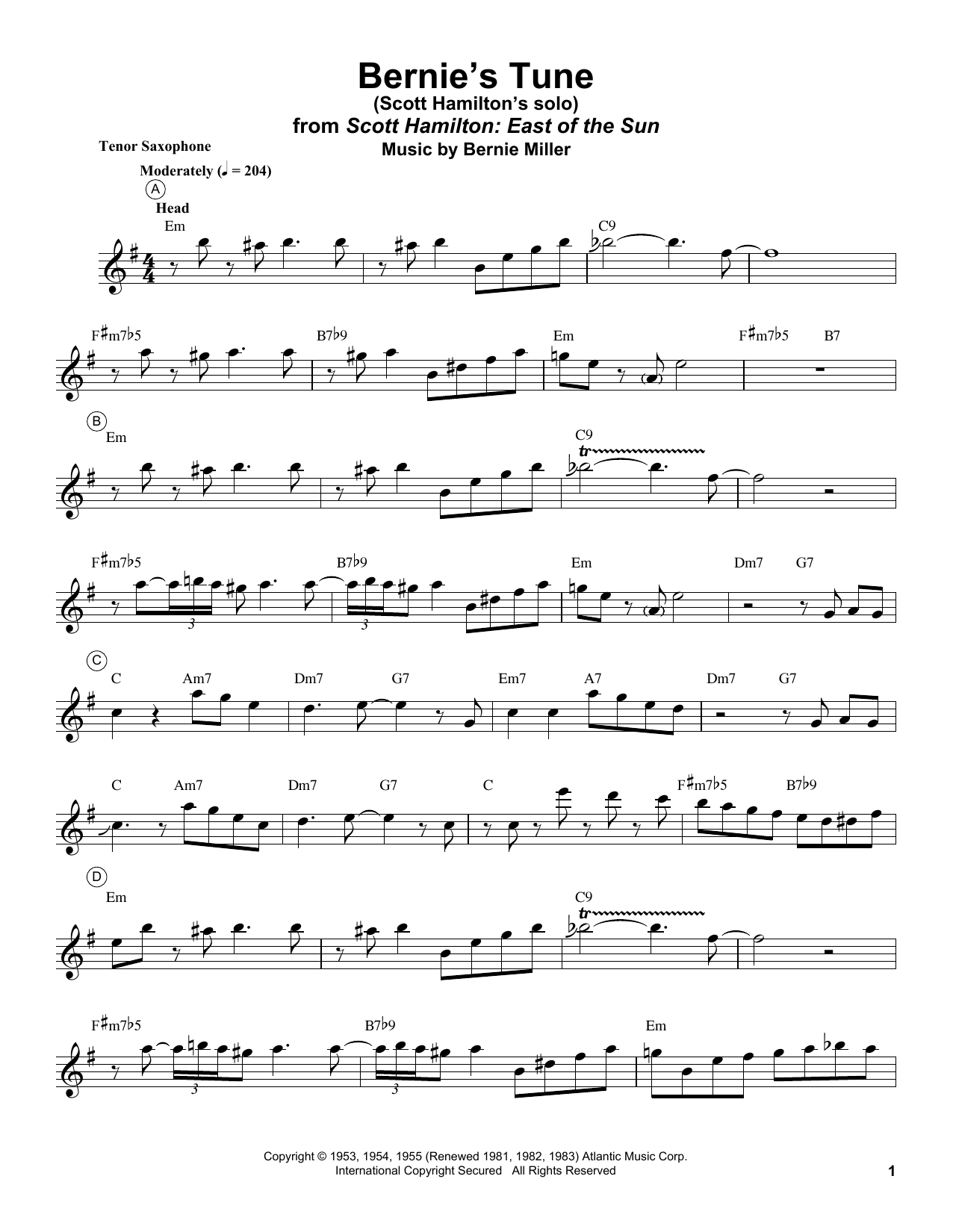 Scott Hamilton Bernie's Tune sheet music notes and chords. Download Printable PDF.