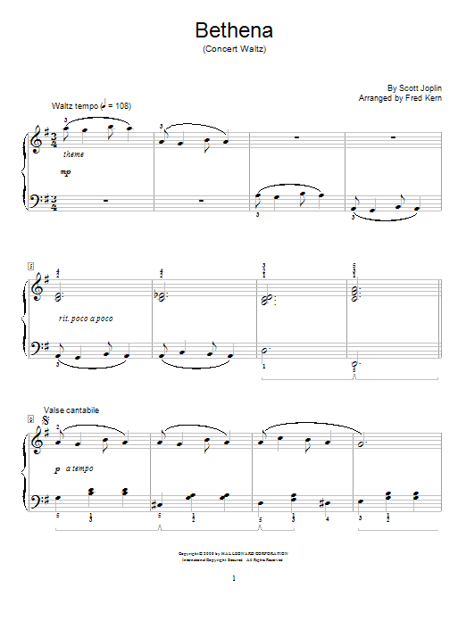 Scott Joplin Bethena, Ragtime Waltz sheet music notes and chords. Download Printable PDF.