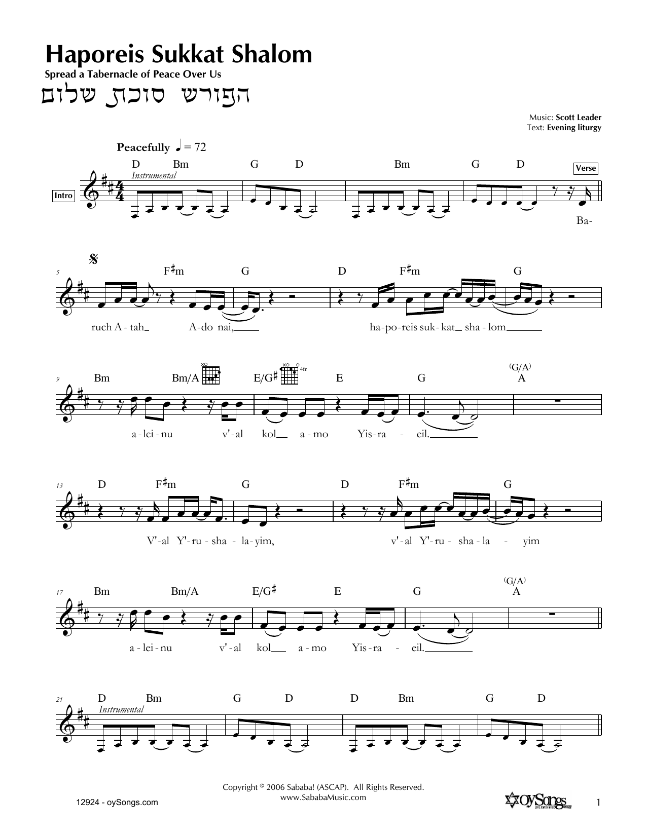 Learn to play Scott Leader Haporeis Sukkat Shalom sheet music for Lead Sheet / Fake Book in minutes. Price: 5.9900$ Scott Leader Haporeis Sukkat Shalom sheet music notes and chords arranged for Lead Sheet / Fake Book