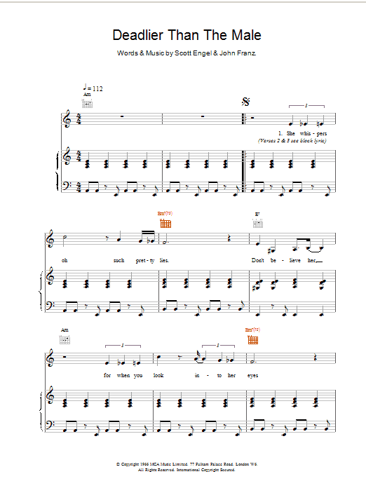Learn to play Scott Walker Deadlier Than The Male sheet music for Piano, Vocal & Guitar in minutes. Price: 7.8900$ Scott Walker Deadlier Than The Male sheet music notes and chords. Download Printable PDF.