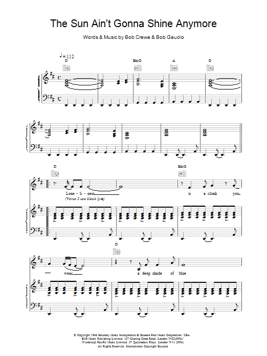 Scott Walker The Sun Ain't Gonna Shine Anymore sheet music notes and chords. Download Printable PDF.