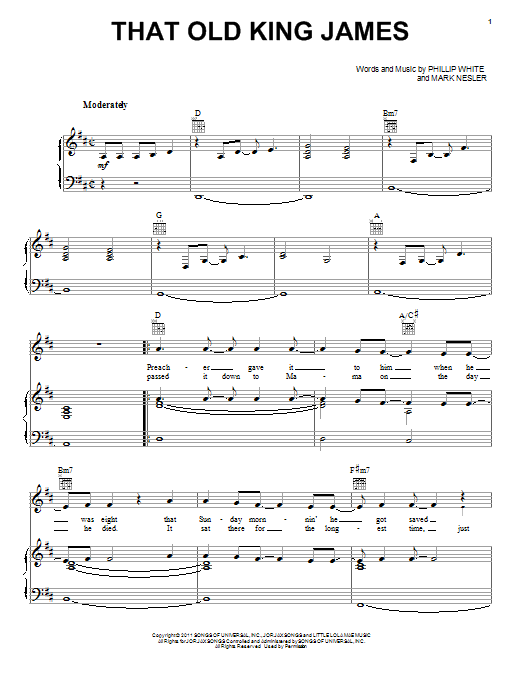 Learn to play Scotty McCreery That Old King James sheet music for Piano, Vocal & Guitar (Right-Hand Melody) in minutes. Scotty McCreery That Old King James sheet music notes and chords. Download Printable PDF.