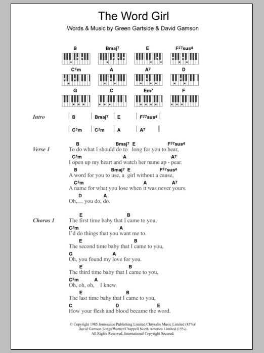 Learn to play Scritti Politti The Word Girl sheet music for Piano Chords/Lyrics in minutes. Price: 3.9900$ Scritti Politti The Word Girl sheet music notes and chords arranged for Piano Chords/Lyrics