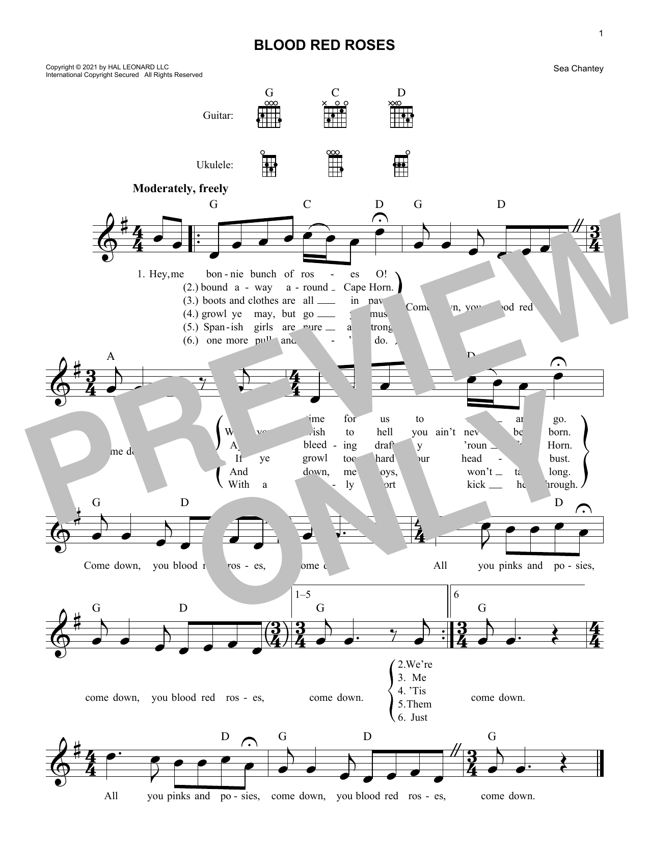 Sea Chantey Blood Red Roses sheet music notes and chords. Download Printable PDF.