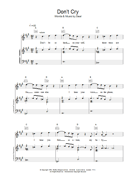 Seal Don't Cry sheet music for Piano, Vocal & Guitar (Right-Hand Melody) in minutes. Price: 7.8900$ Seal Don't Cry sheet music notes and chords. Download Printable PDF.