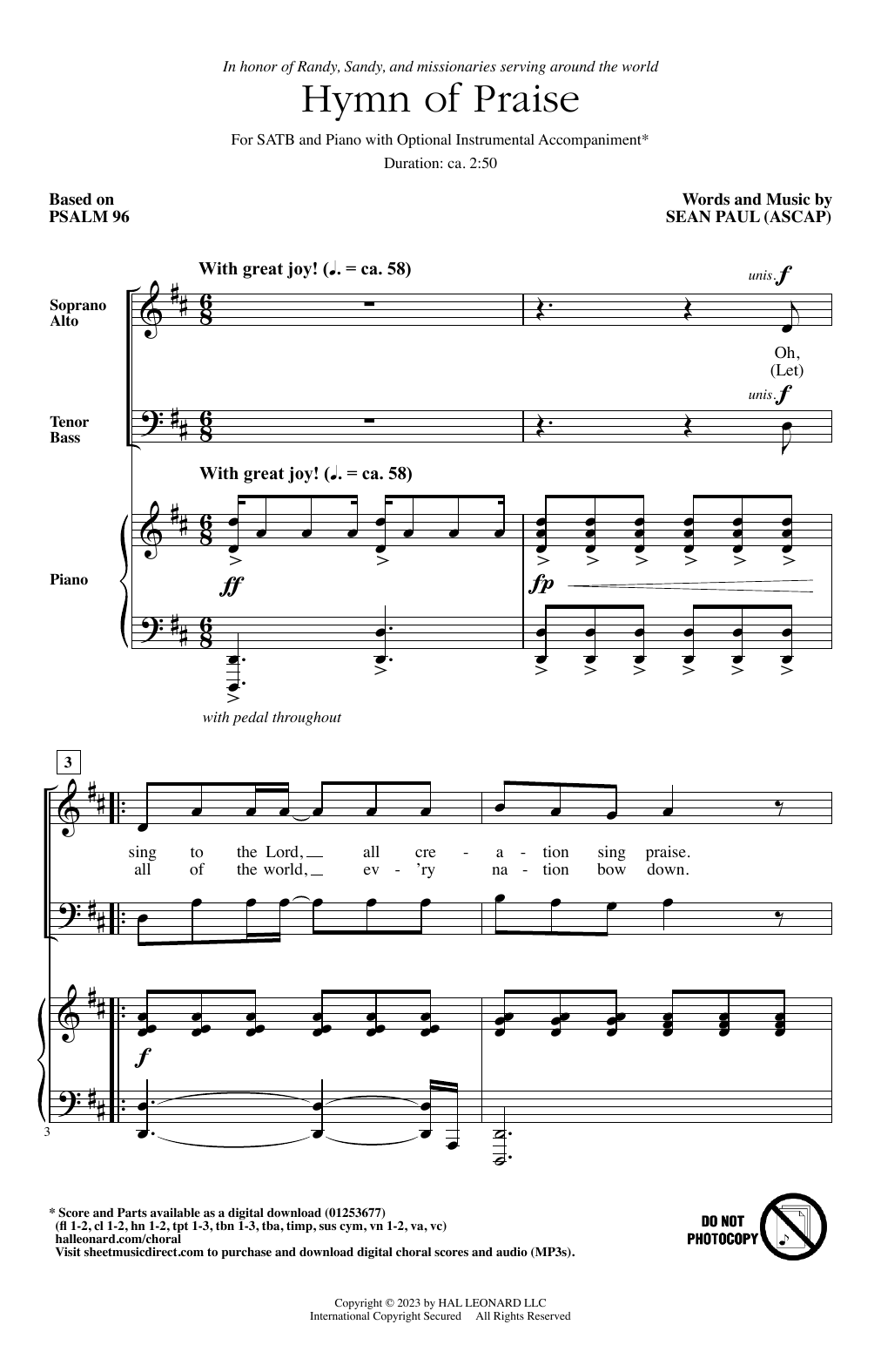 Sean Paul Hymn Of Praise sheet music notes and chords. Download Printable PDF.