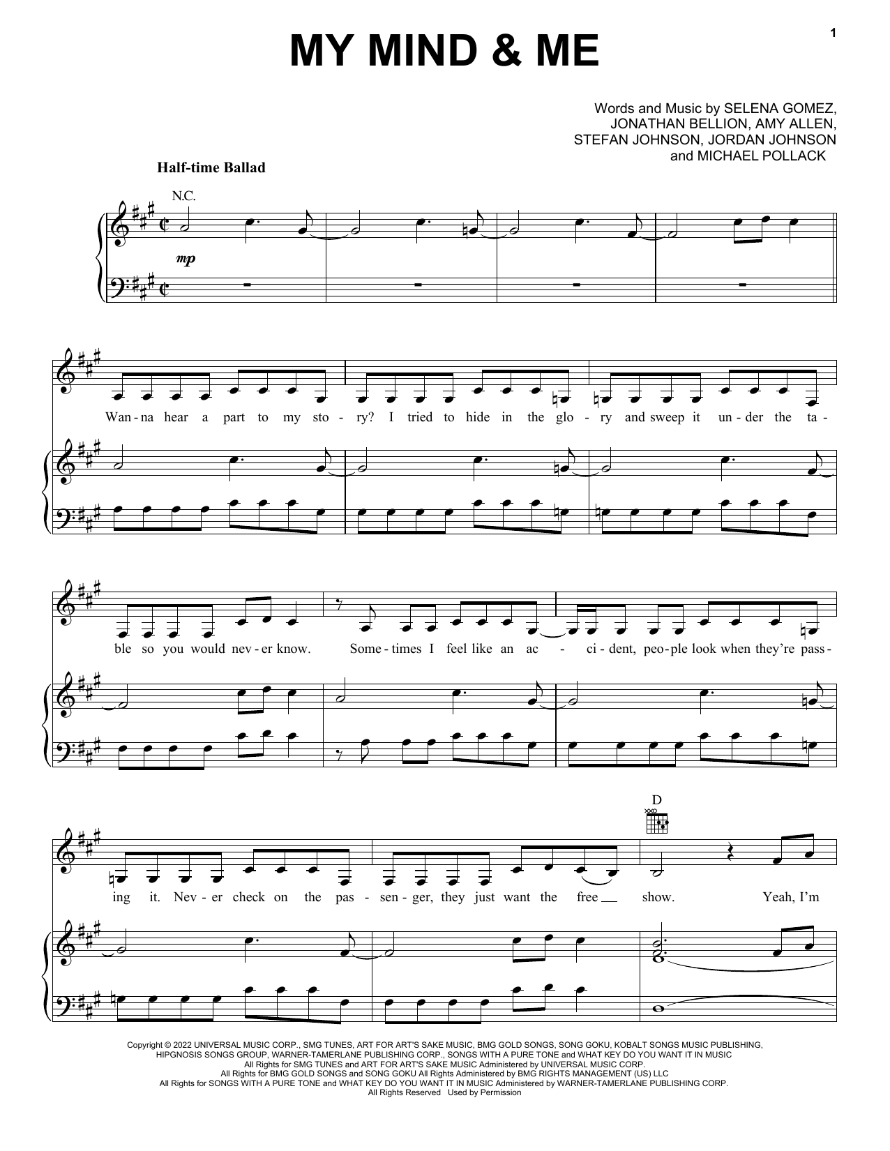 Selena Gomez My Mind & Me sheet music notes and chords. Download Printable PDF.