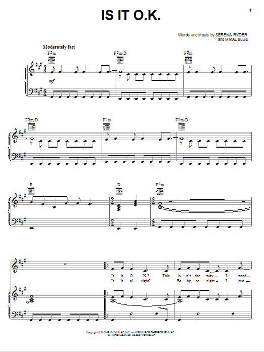 Learn to play Serena Ryder Is It O.K. sheet music for Piano, Vocal & Guitar (Right-Hand Melody) in minutes. Serena Ryder Is It O.K. sheet music notes and chords. Download Printable PDF.